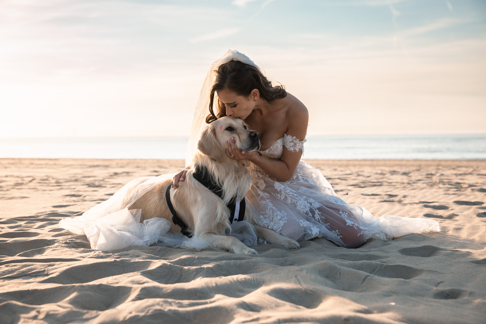 Bride with her dog at Intimate beach wedding