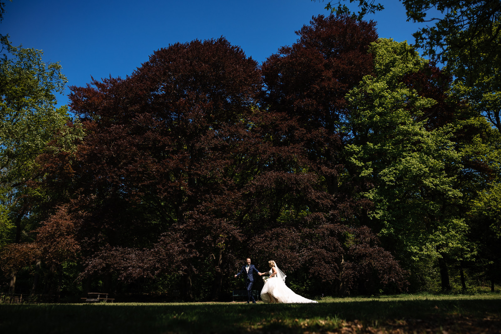 Bruidspaar rent voorbij prachtige bomen tijdens de fotoshoot Trouwfotograaf Den Haag