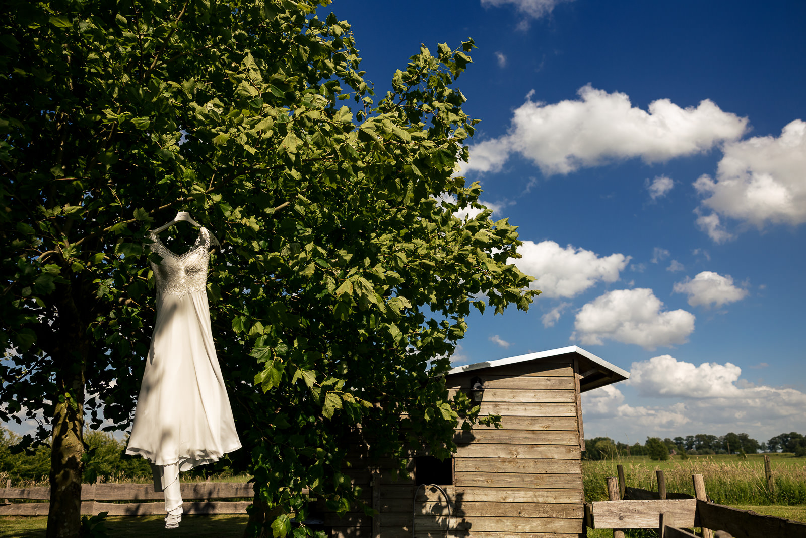Trouwfotograaf Zutphen trouwjurk in boomgaard
