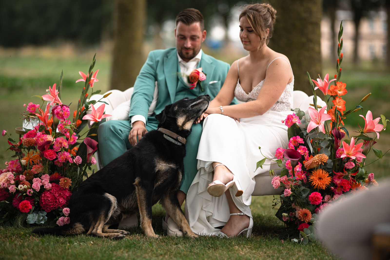 De hond komt lekker bij het bruidspaar zitten tijdens de ceremonie door Trouwfotograaf Almere