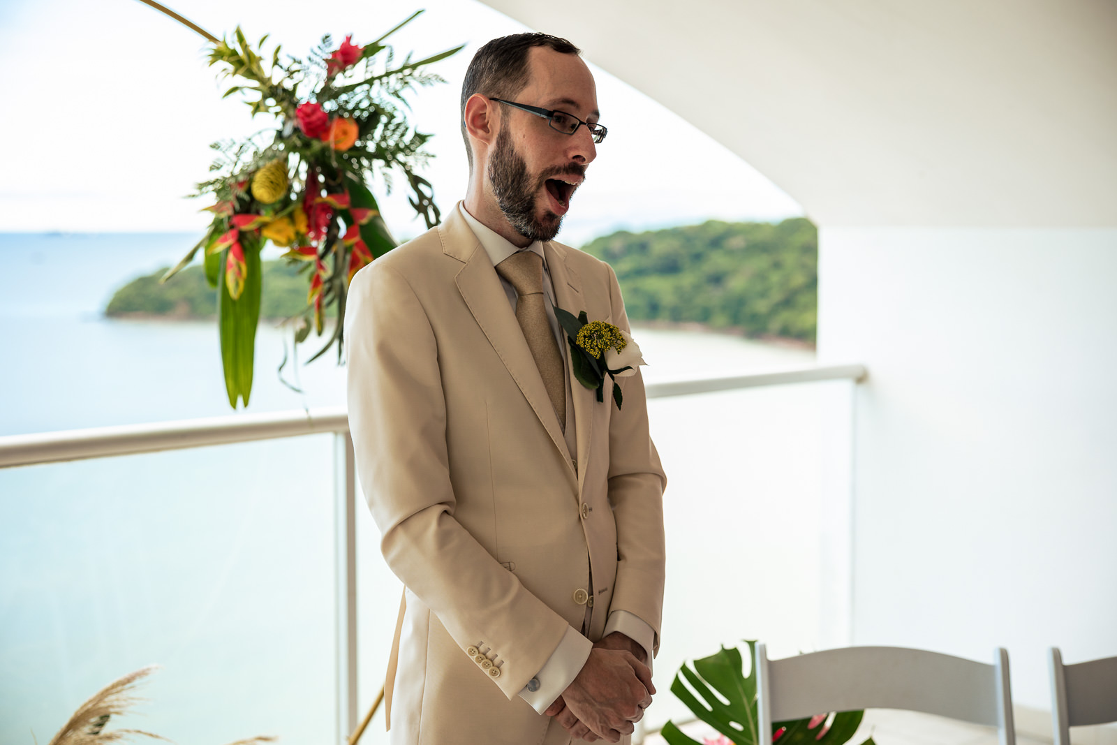 Destination wedding photographer Panama grooms reaction when he sees bride walking down the isle
