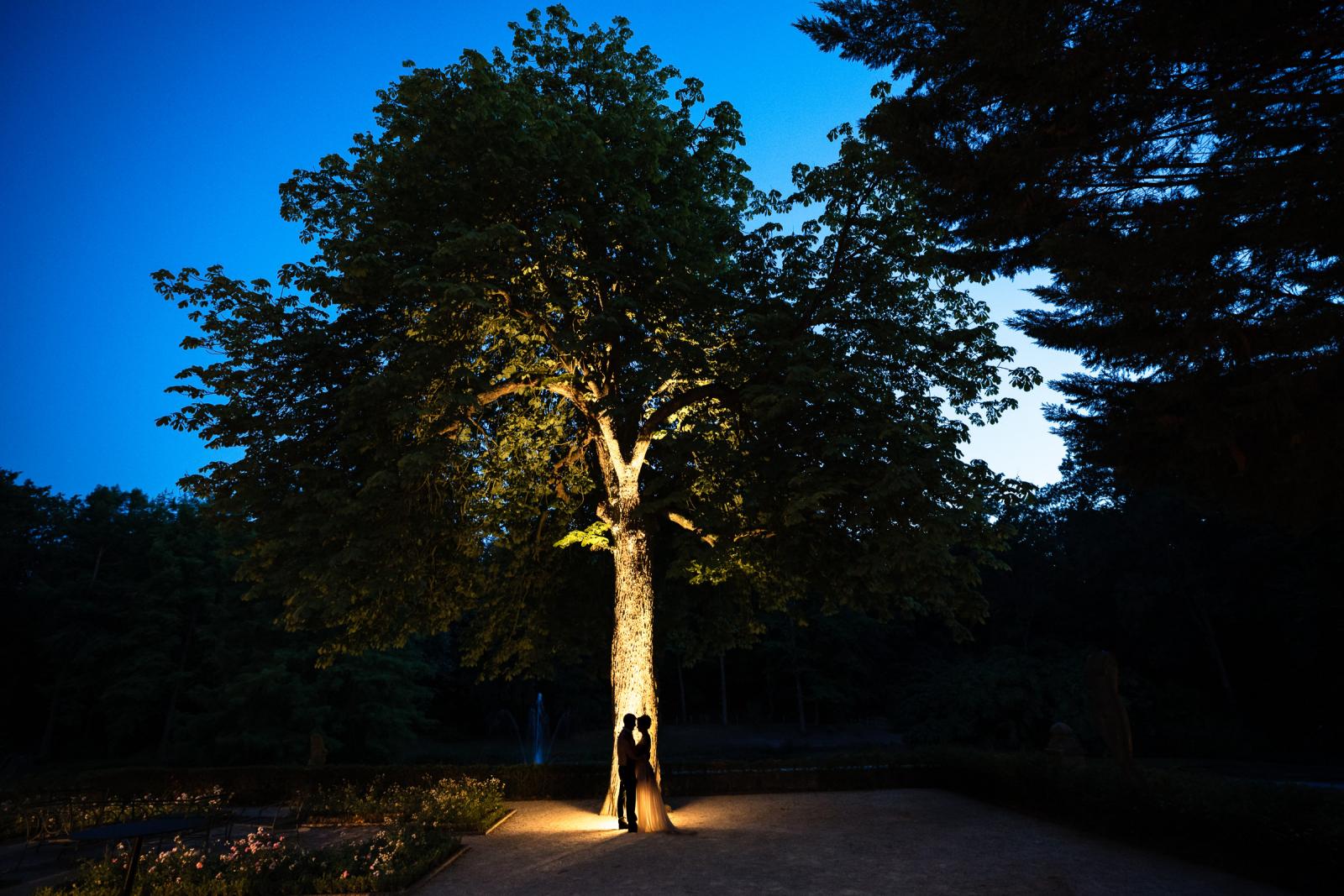Intiem trouwportret van het bruidspaar als silhouet voor een sfeervol verlichte grote boom in de kasteeltuin.