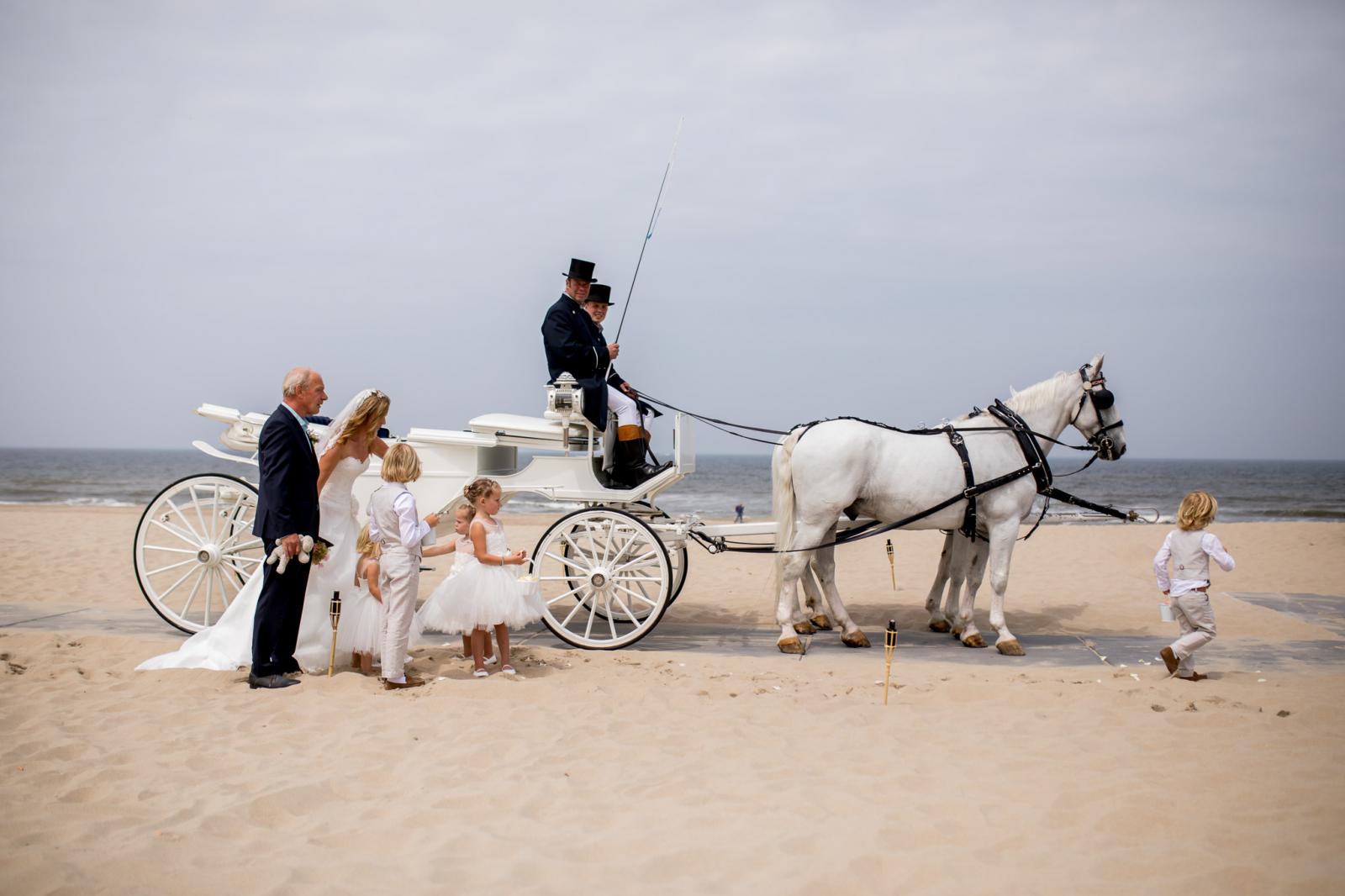 Trouwkoets komt aan op het strand