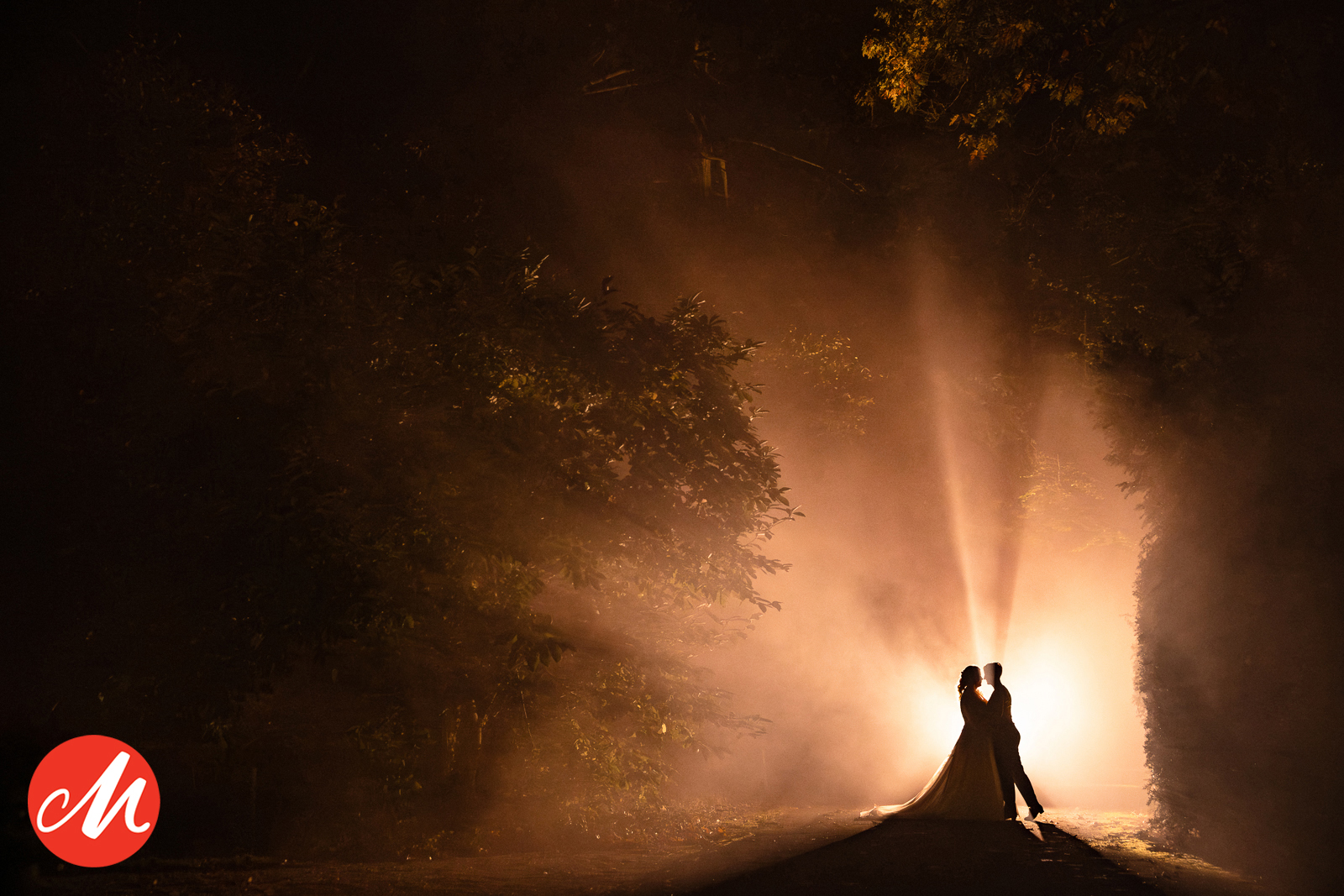 Mystiek silhouet van een bruidspaar in de mist met dramatische lichtstralen in een bosrijke omgeving bij nacht.