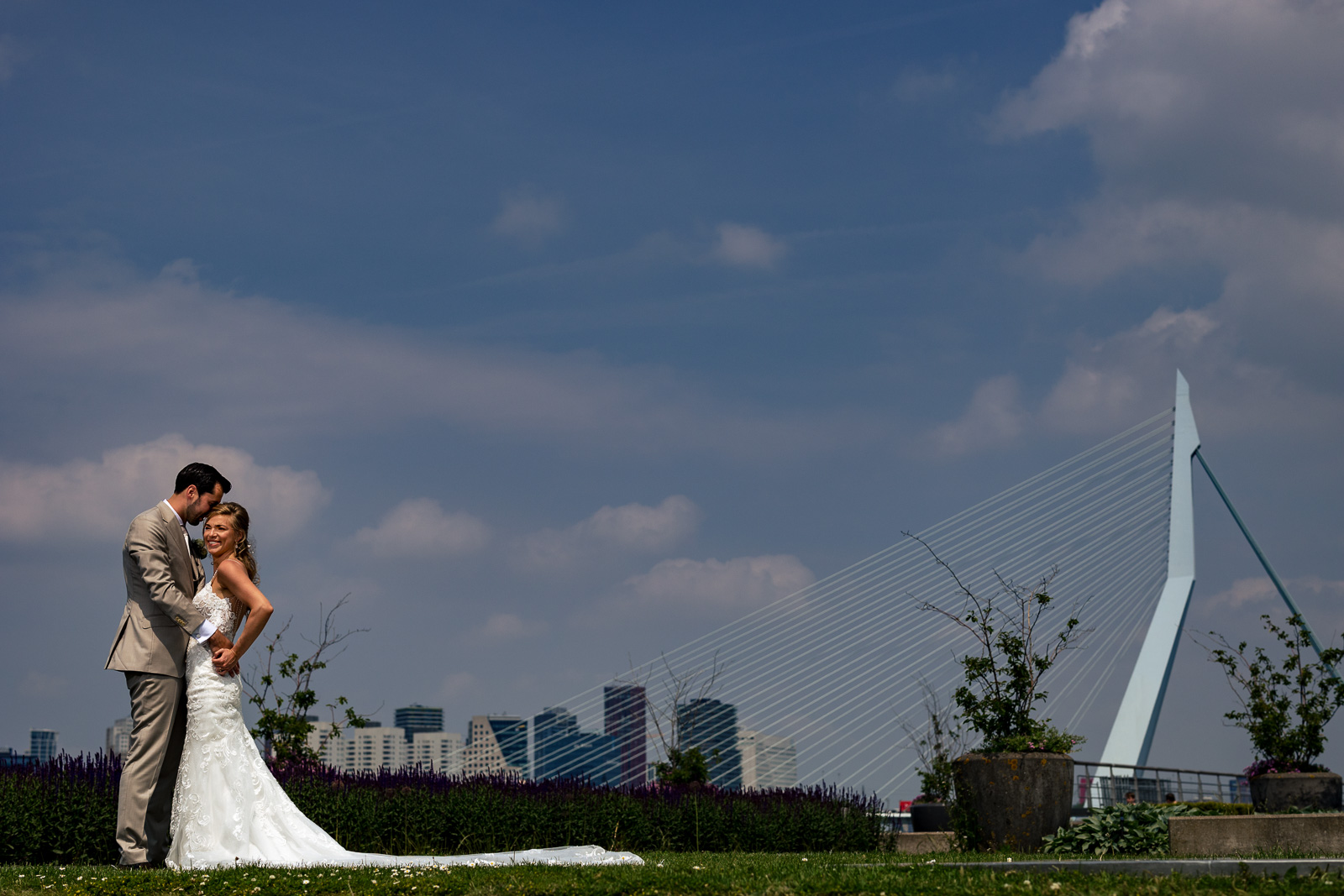 bruidspaar met de skyline en erasmusbrug op de achtergrond