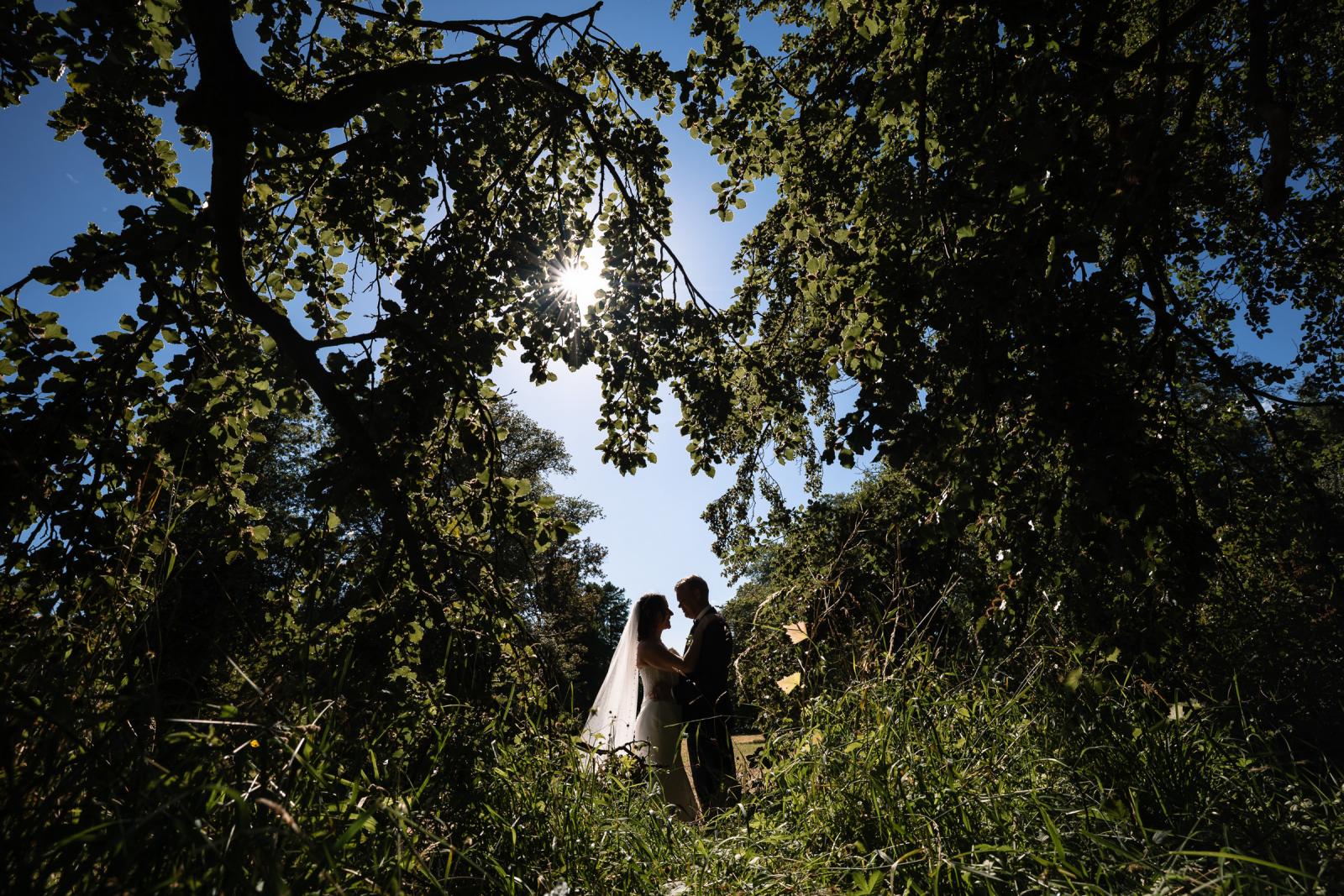 Romantisch silhouet van bruidspaar Mike en Nadine onder een bladerendak met de zon die door de bomen schijnt.