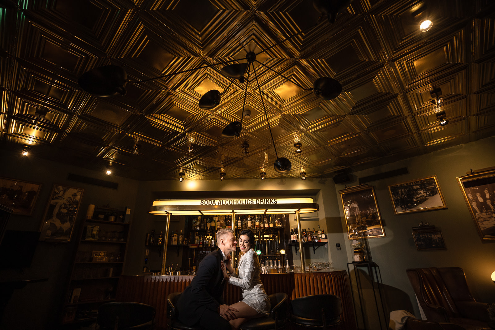 Bride and groom in the Vault bar Hotel Indigo Wedding photographer The Hague 