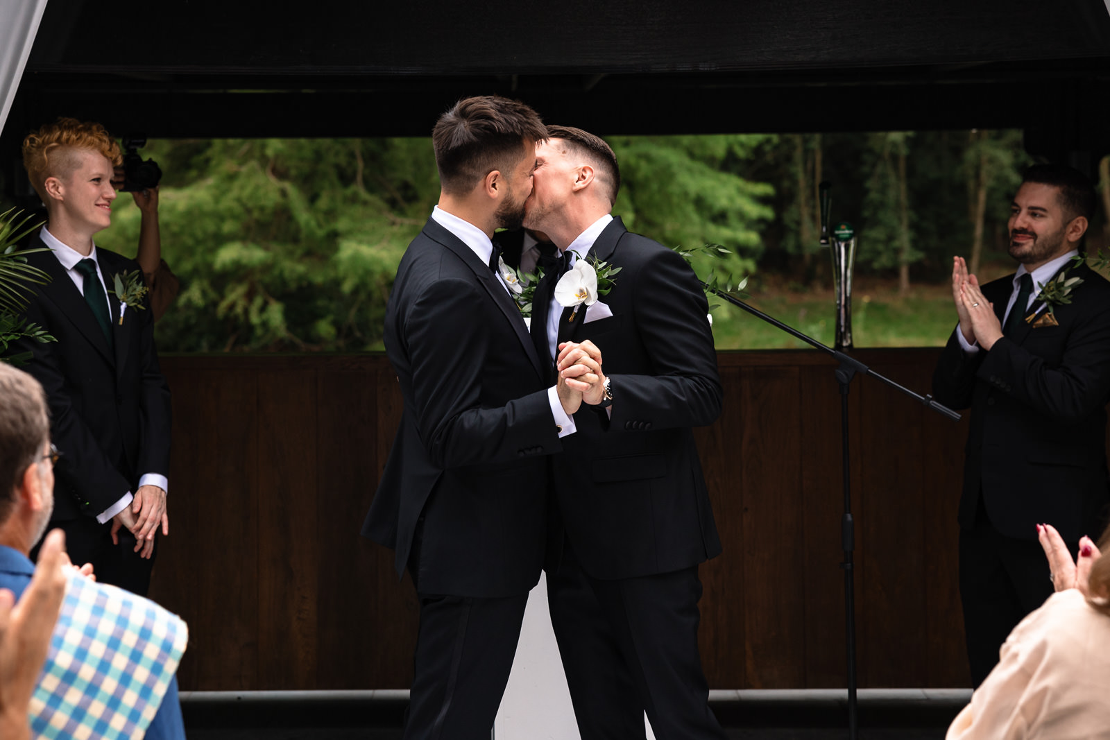 First kiss same sex wedding grooms celebrating their love